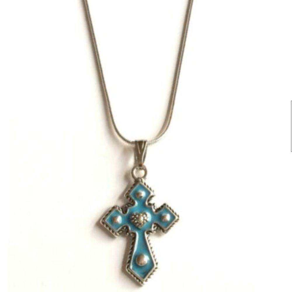 Silver Aqua Turquoise Southwestern Cross Necklace